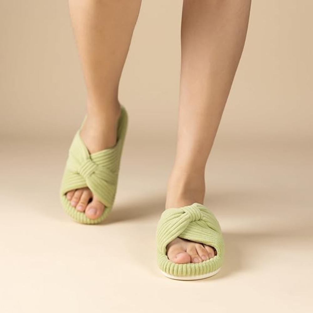 Women Memory Foam Corduroy Bow Crossband Slides