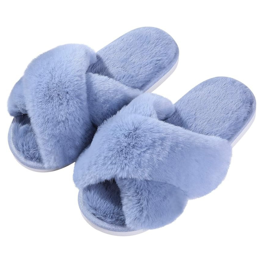 Fuzzy Cross Band Memory Foam Slippers For Indoor Use