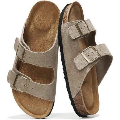 Leather Flat Sandals With Adjustable Straps And Cushioned Footbed