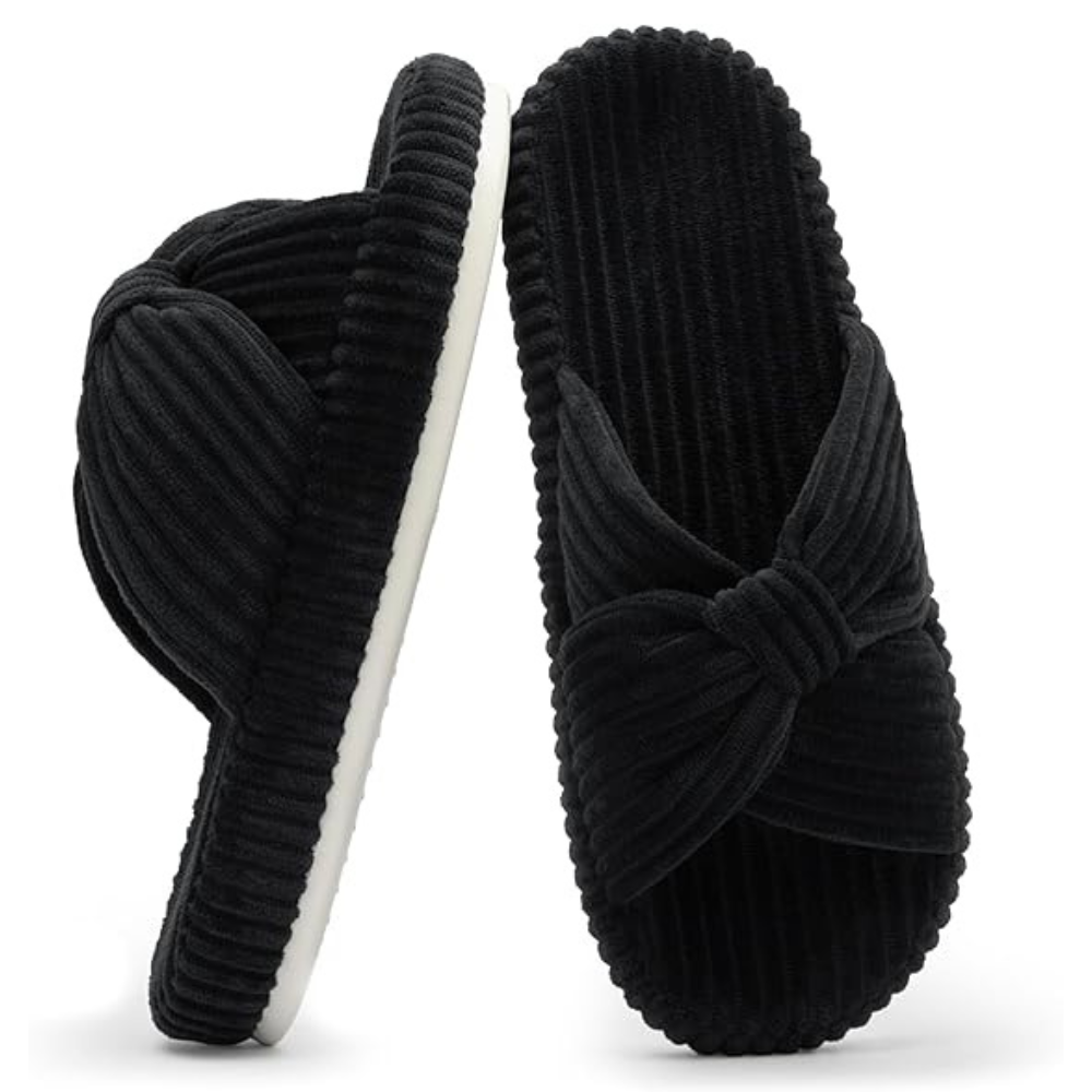 Women Memory Foam Corduroy Bow Crossband Slides