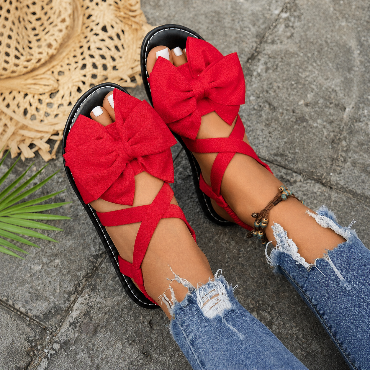 Bow Detail Printed Flat Sandals with Cross Straps for Women