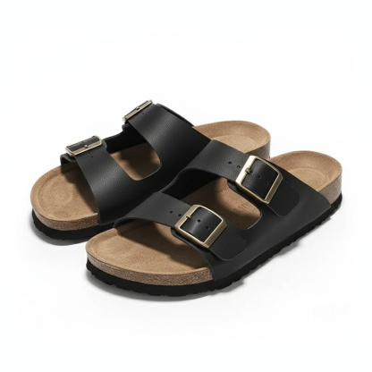Leather Flat Sandals With Adjustable Straps And Cushioned Footbed