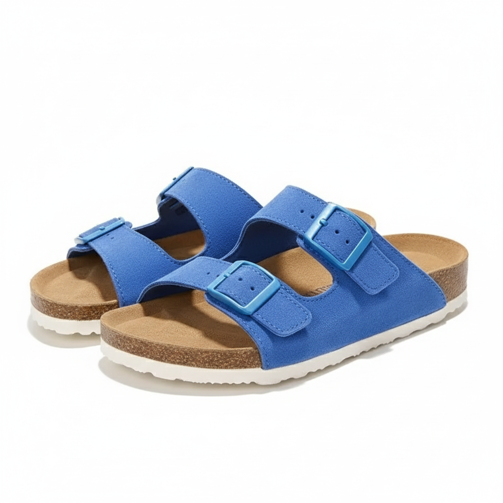 Leather Flat Sandals With Adjustable Buckle Straps And Textured Sole