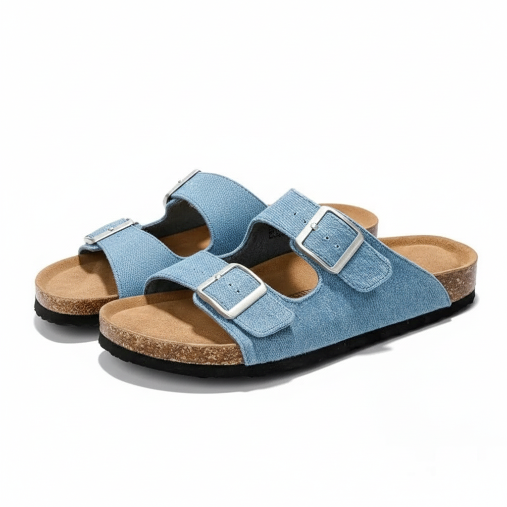 Leather Buckle Slides With Cork Footbed And Adjustable Straps