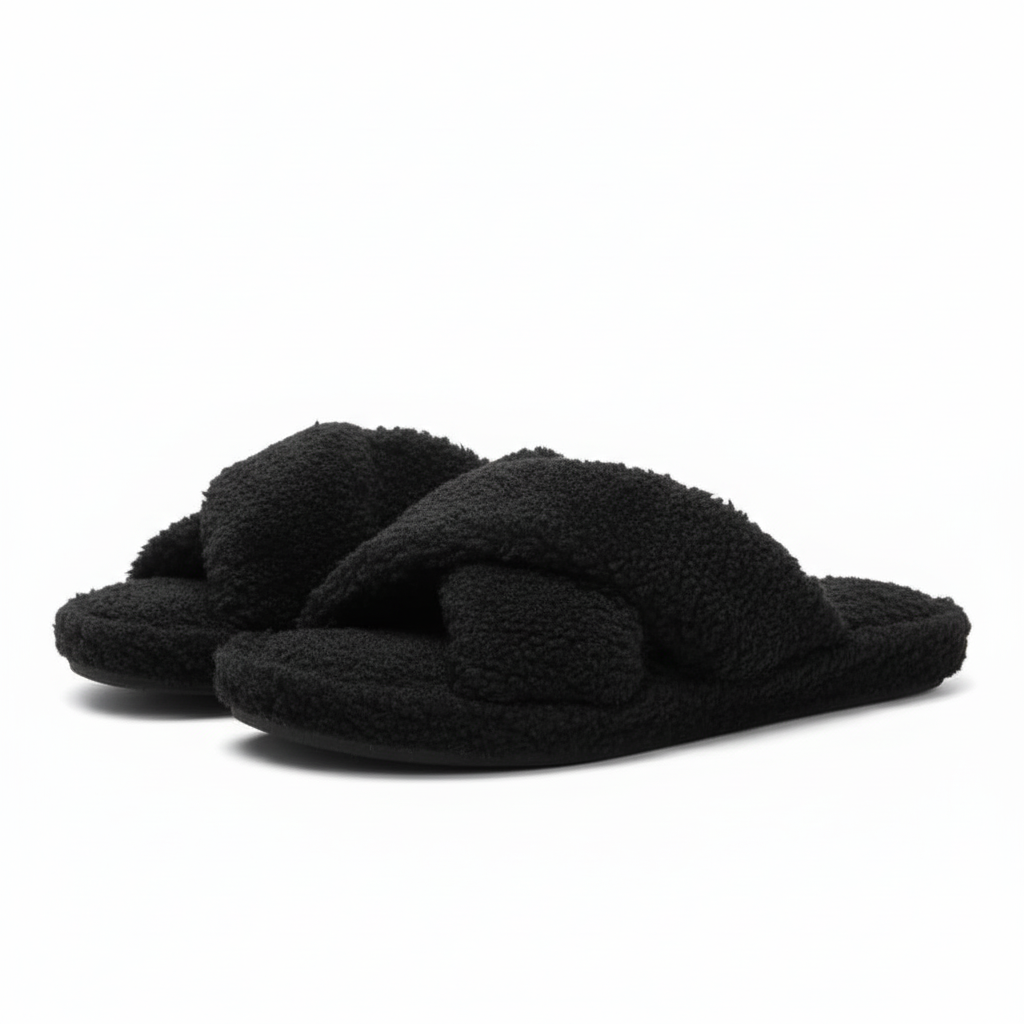 Women Fuzzy Memory Foam Cross Band Cozy Indoor Outdoor Slipper