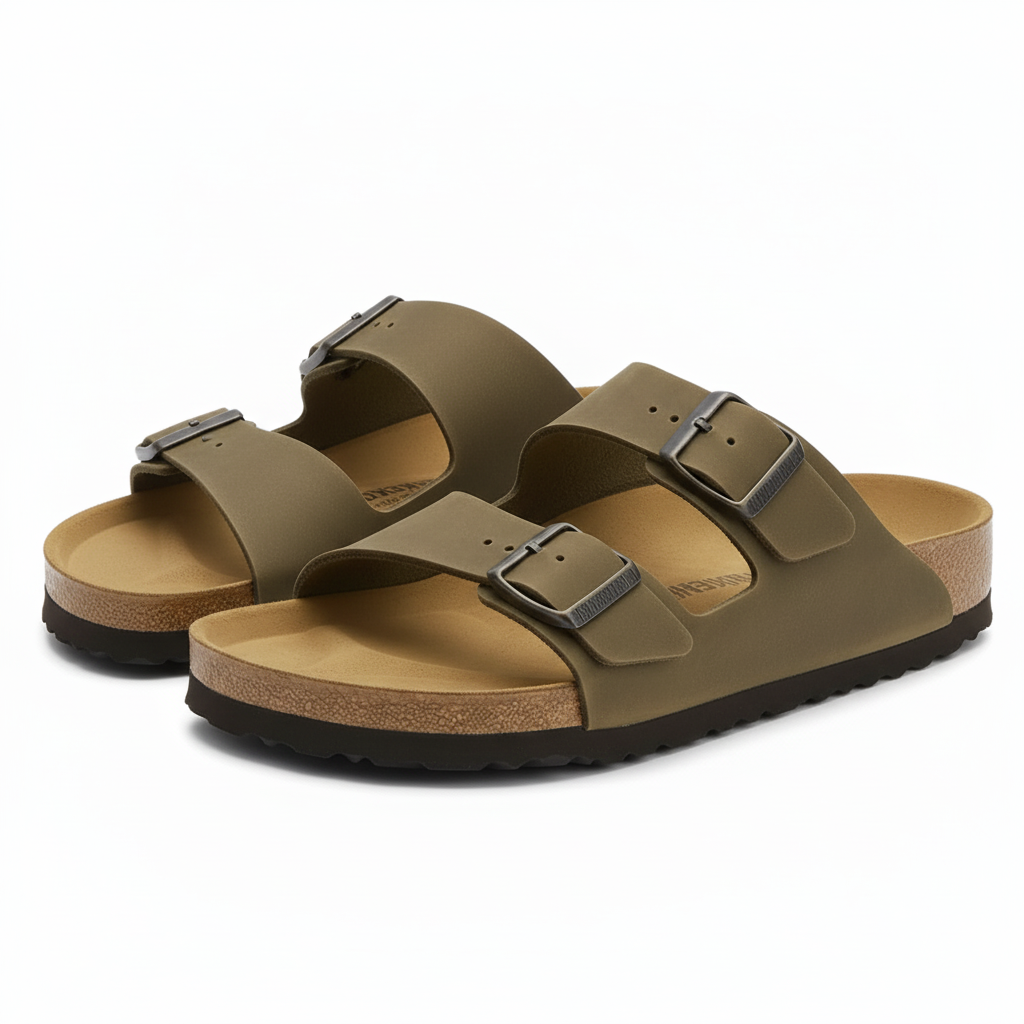 Mixed Leather Sandals With Cork Latex Adjustable Buckle