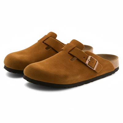 Brown closed-toe Boston Style Suede Clogs with adjustable straps