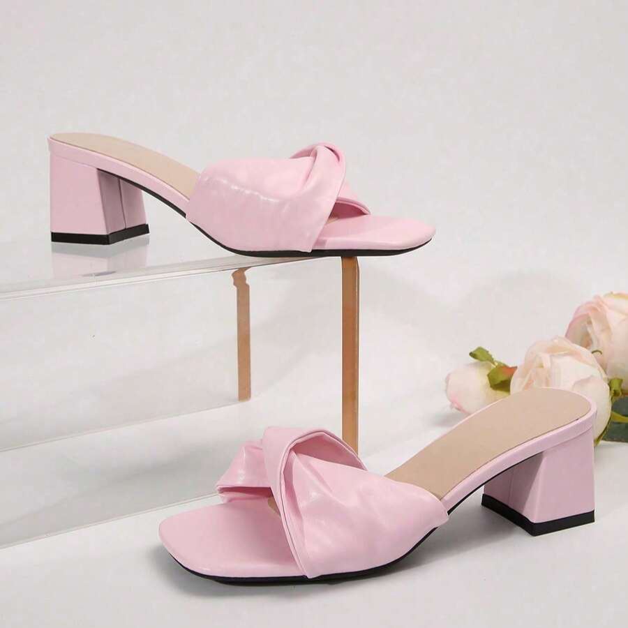 Twist Knot Block Mid Heel Sandals in Charcoal - Width View