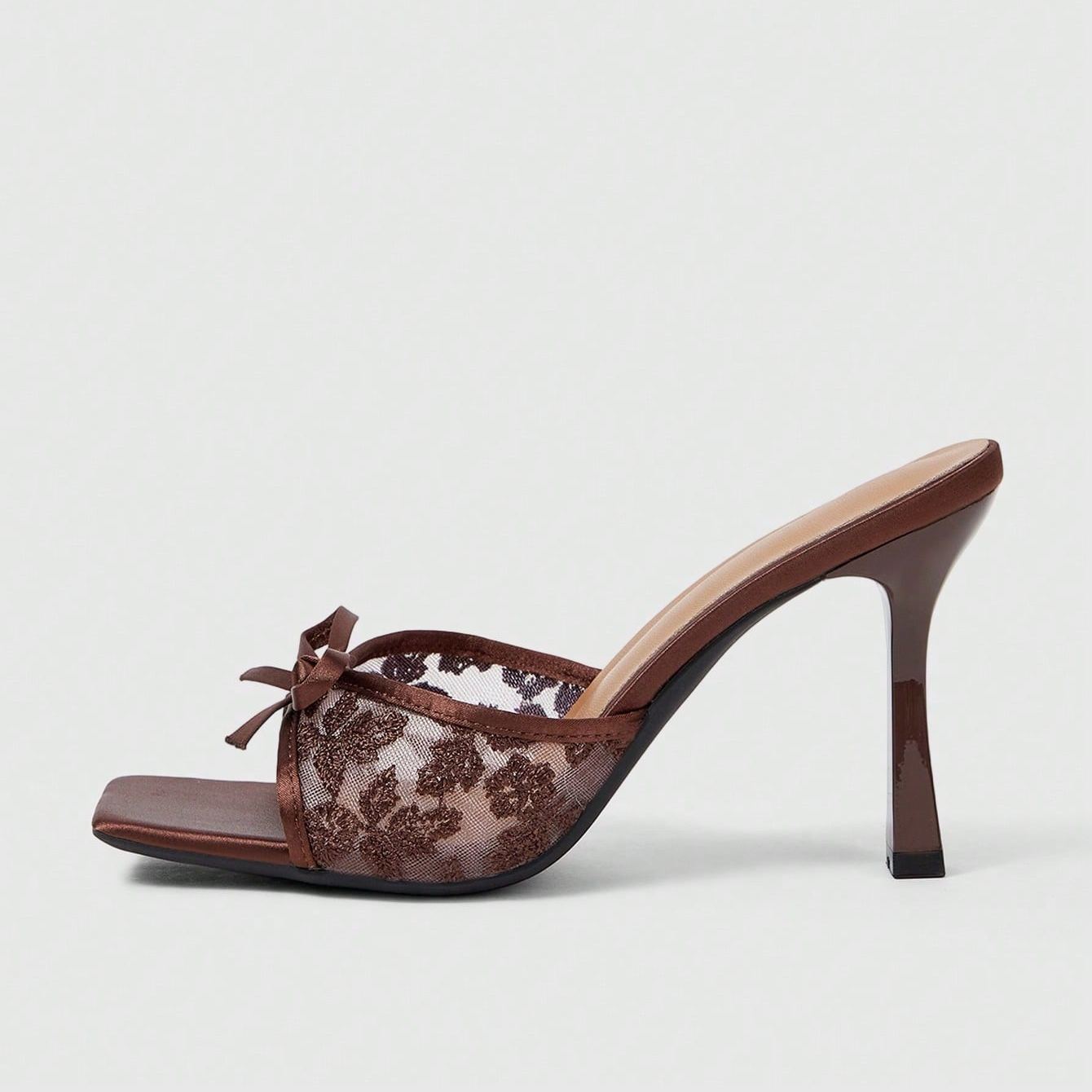 Stylish Lace Embroidery Mule Sandals With Bow Detail For Women in Maroon - On-Foot View