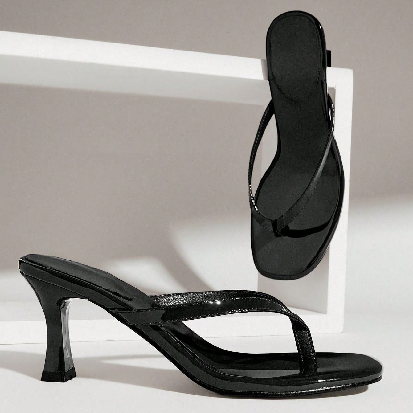 Minimal Thong Strap Slip On Stiletto Style Sandals For Party Wear in Brown - Close-Up Detail