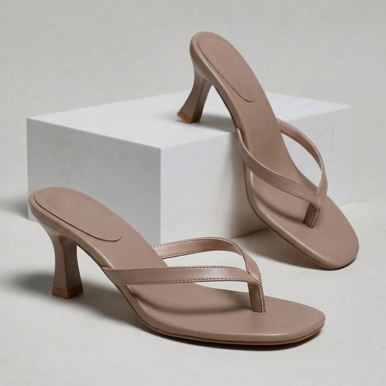 Minimal Thong Strap Slip On Stiletto Style Sandals For Party Wear in Brown - Left Side