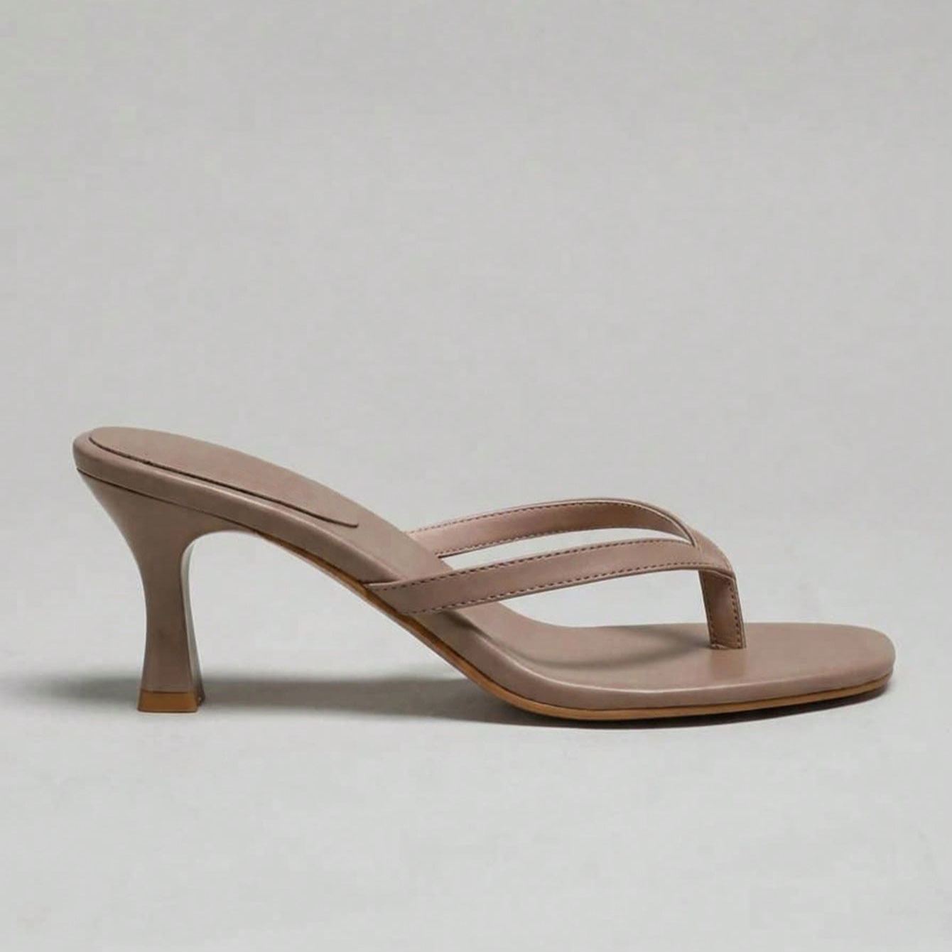 Minimal Thong Strap Slip On Stiletto Style Sandals For Party Wear in Brown - Pair View