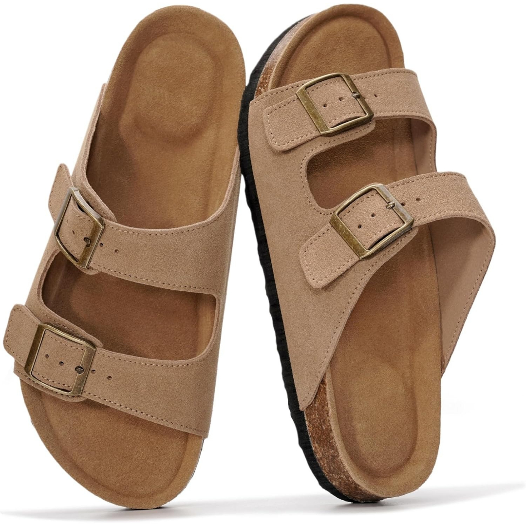 Cork Foot Bed Leather Flat Sandals For Women With Memory Foam And Arch Support