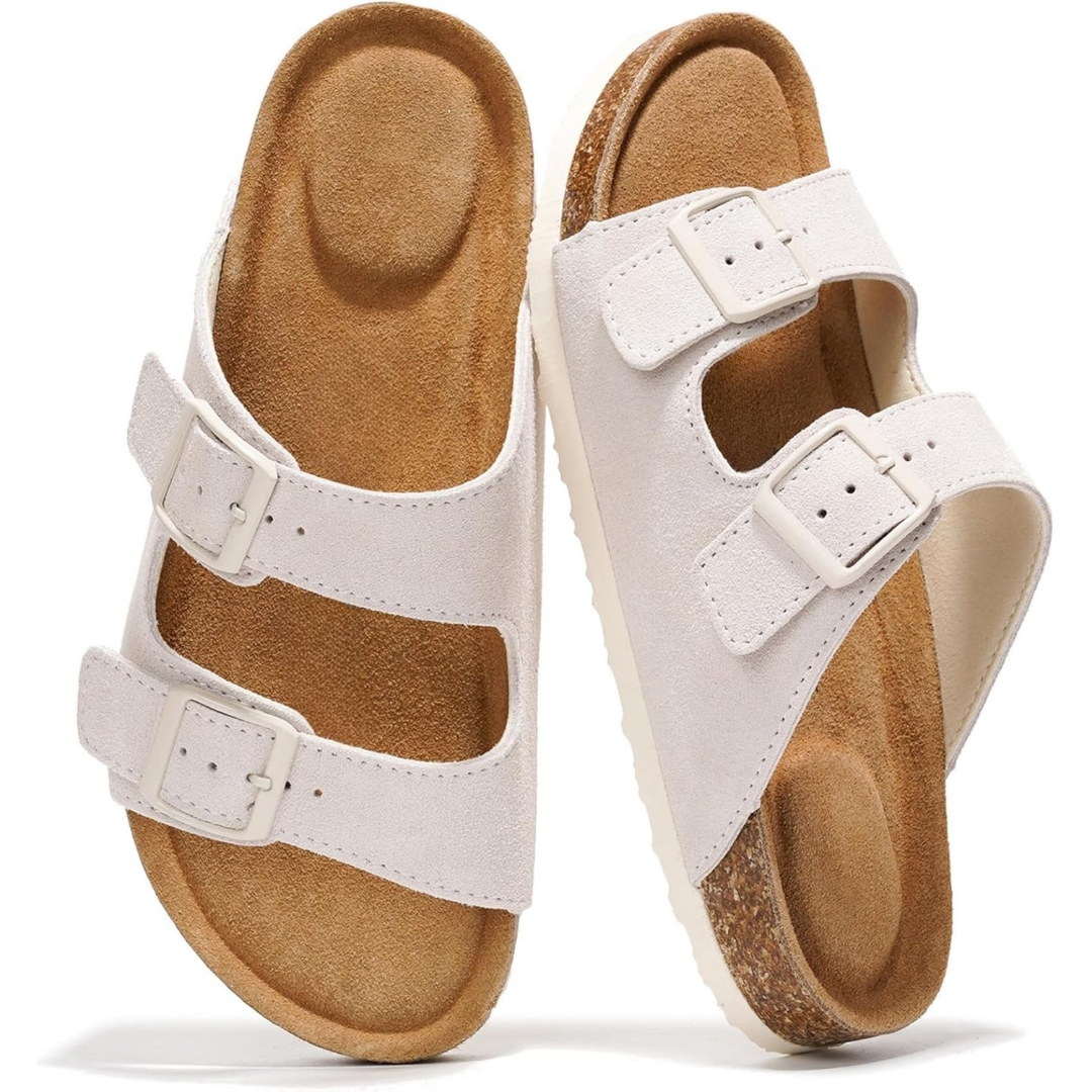 Cork Foot Bed Leather Flat Sandals For Women With Memory Foam And Arch Support
