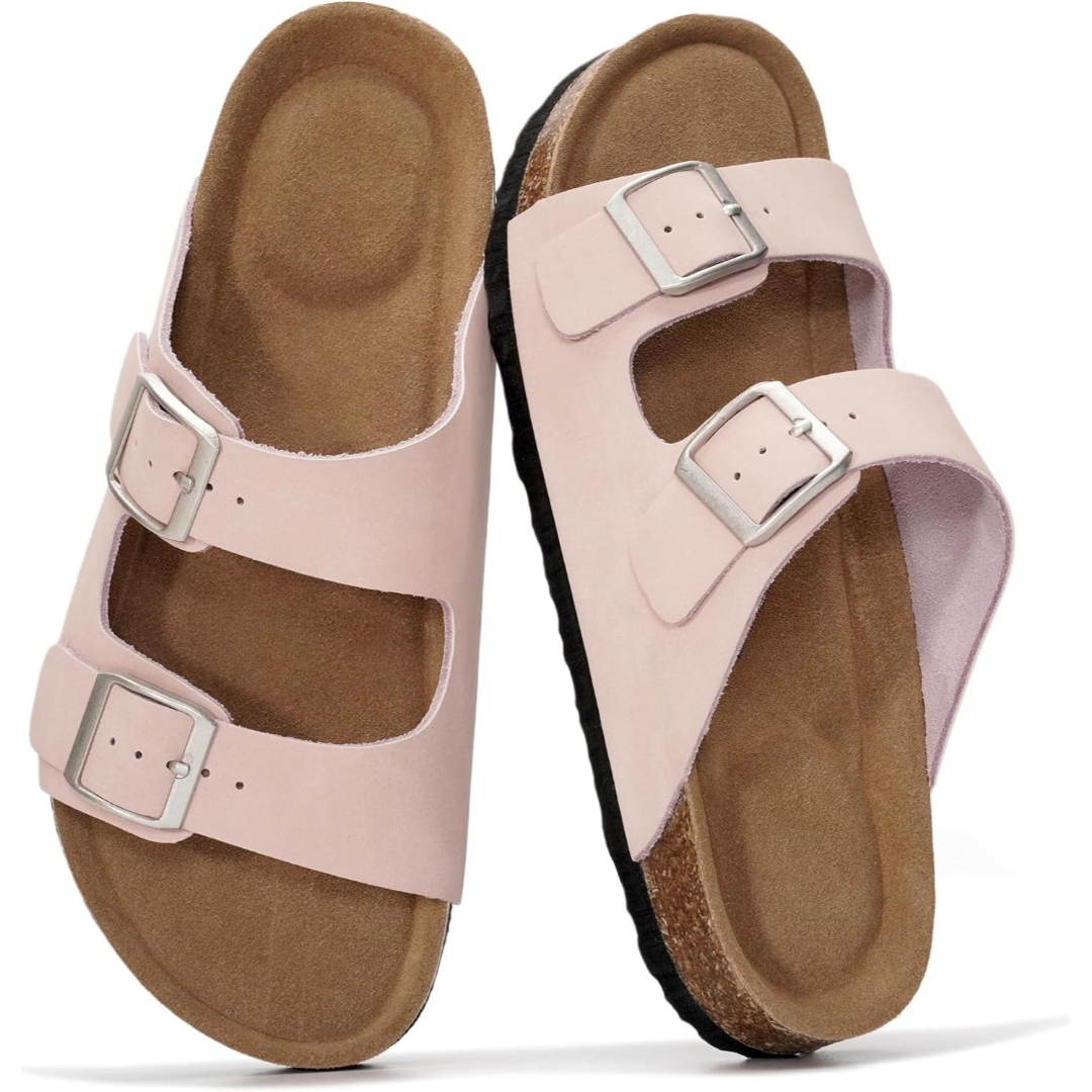 Cork Foot Bed Leather Flat Sandals For Women With Memory Foam And Arch Support