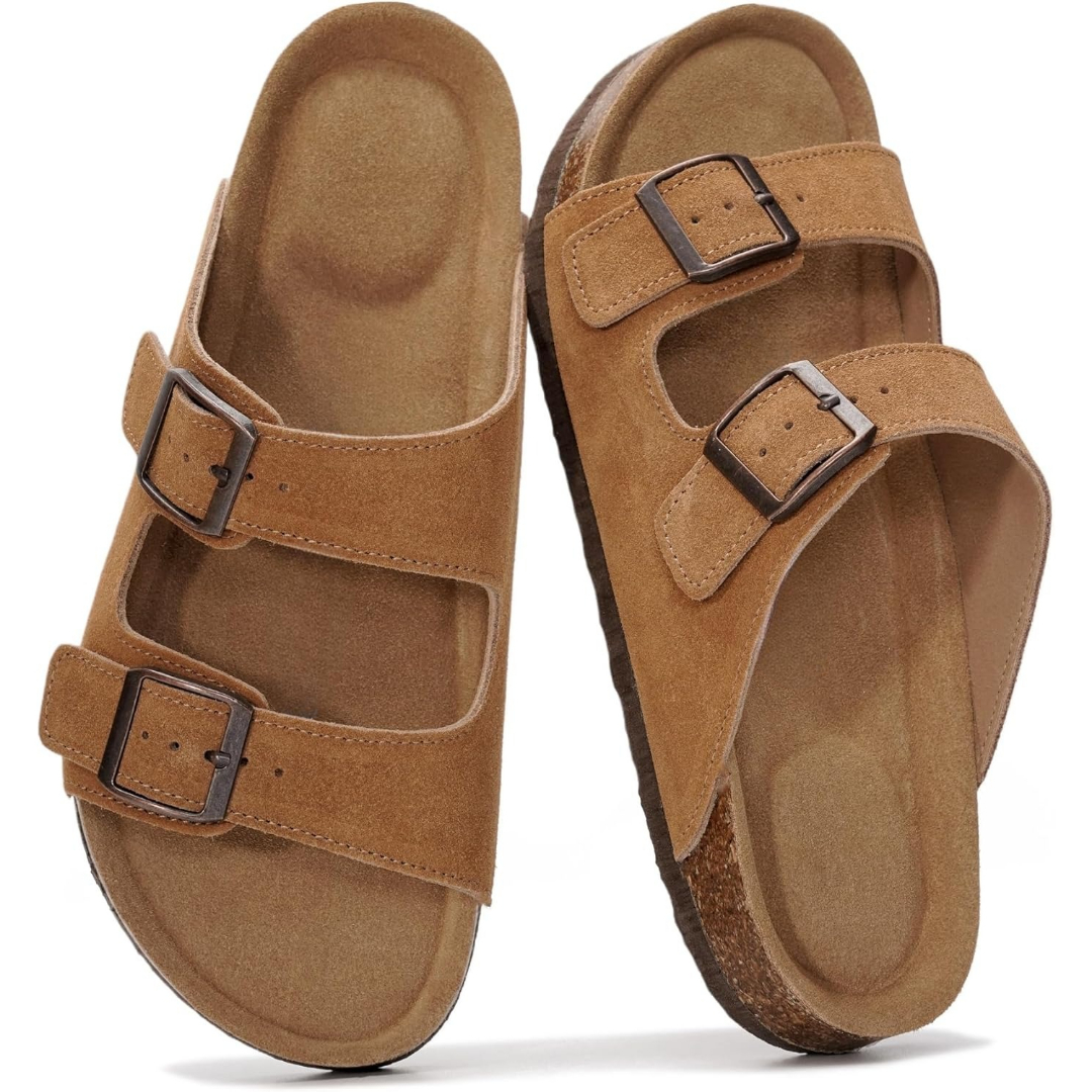 Cork Foot Bed Leather Flat Sandals For Women With Memory Foam And Arch Support