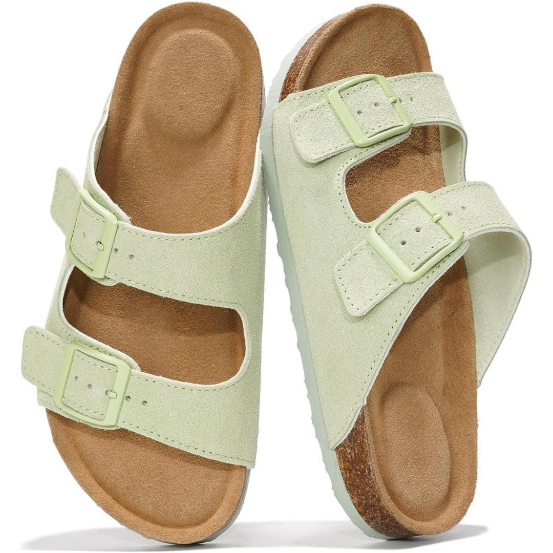 Cork Foot Bed Leather Flat Sandals For Women With Memory Foam And Arch Support