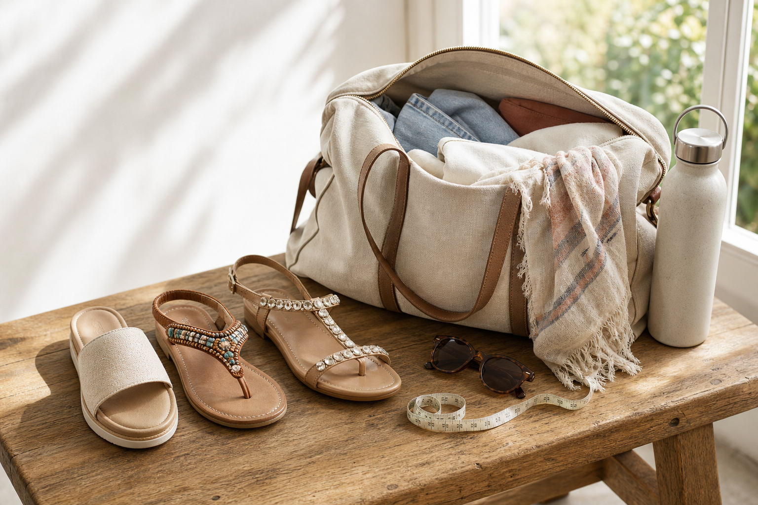 Three generic summer sandal styles beside an open canvas travel bag, measuring tape, sunglasses and water bottle