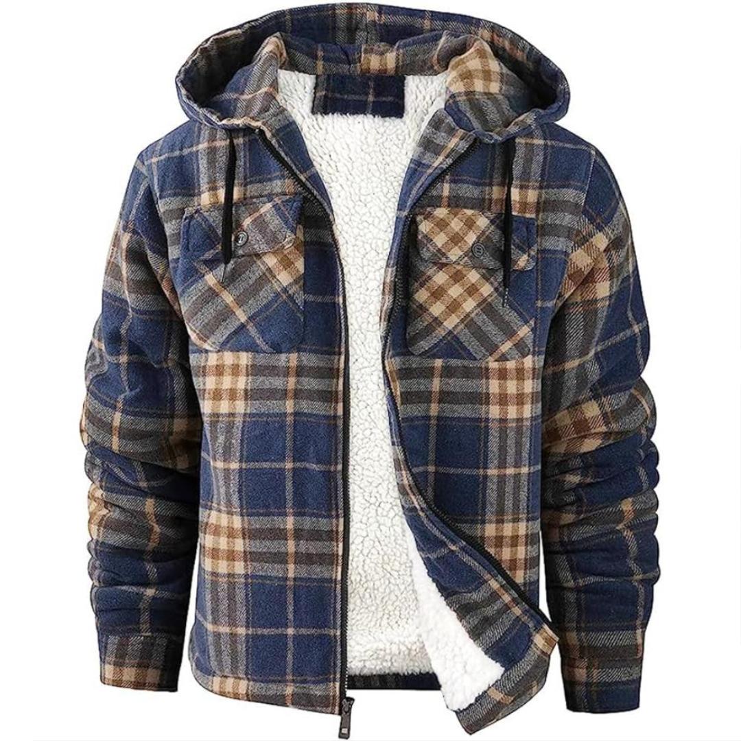 Men Plaid Flannel Jacket With Sherpa Lining And Winter Zip Up Hoodie Coat