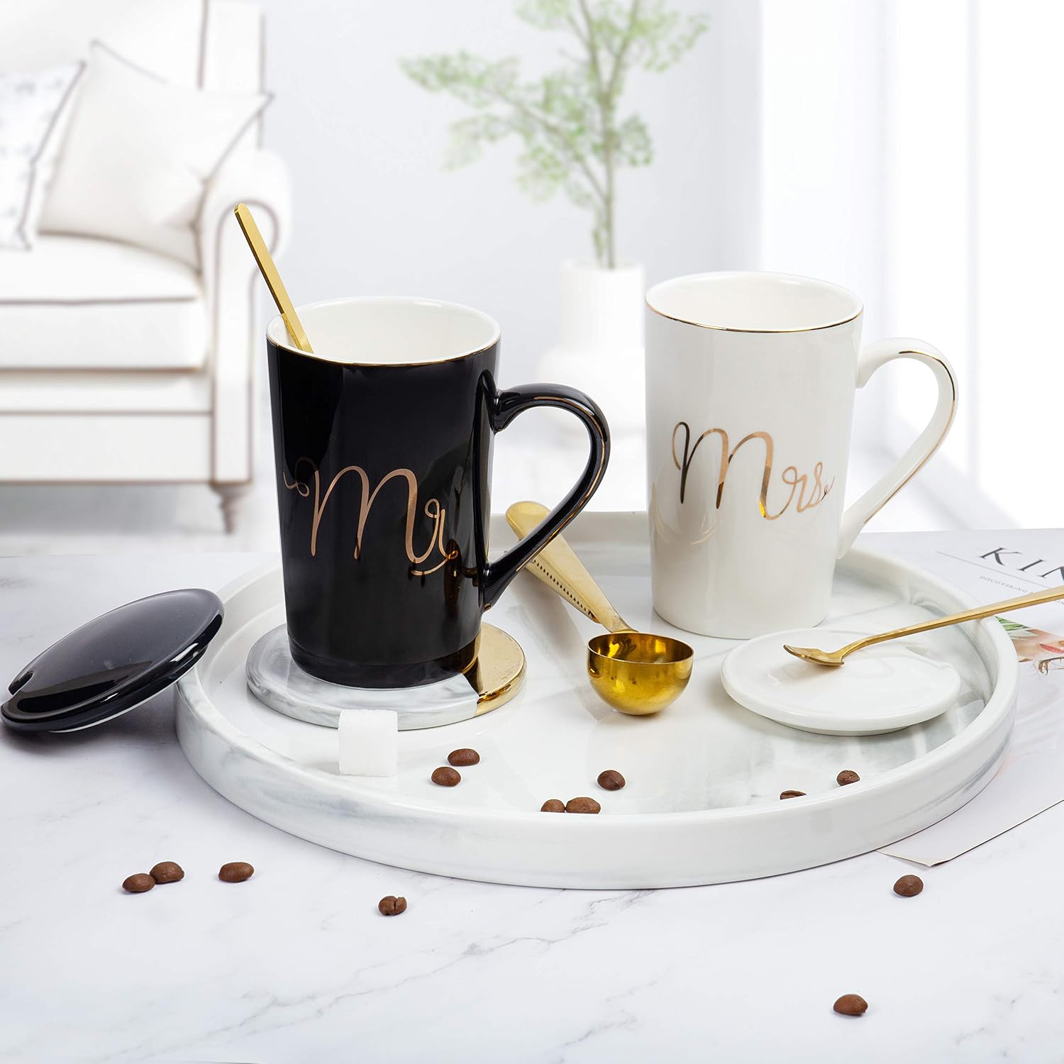 Mr and Mrs Ceramic Marble Coffee Mug Gift Set for Couples