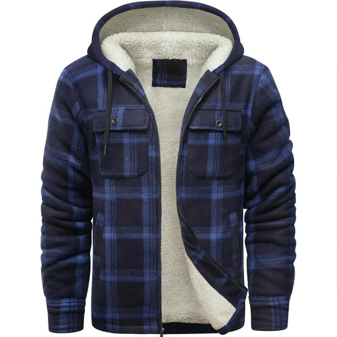 Men Plaid Flannel Jacket With Sherpa Lining And Winter Zip Up Hoodie Coat