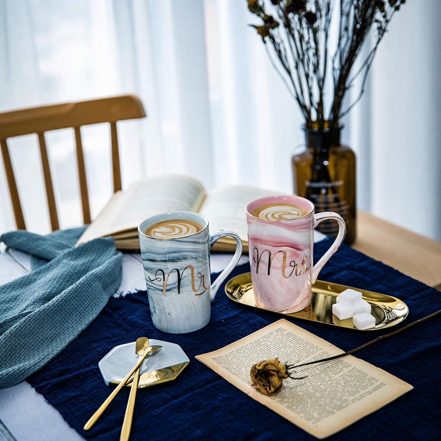 Mr and Mrs Ceramic Marble Coffee Mug Gift Set for Couples