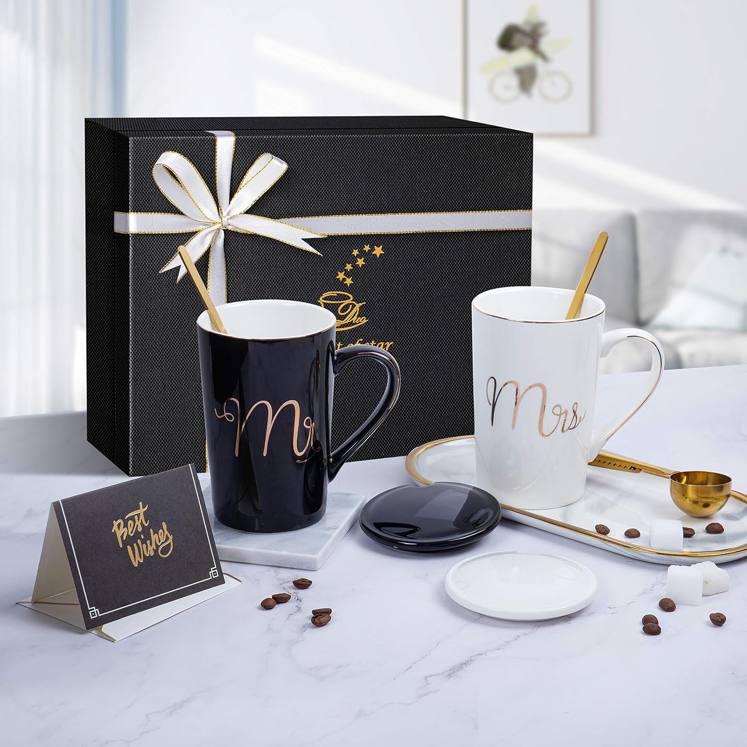 Mr and Mrs Ceramic Marble Coffee Mug Gift Set for Couples