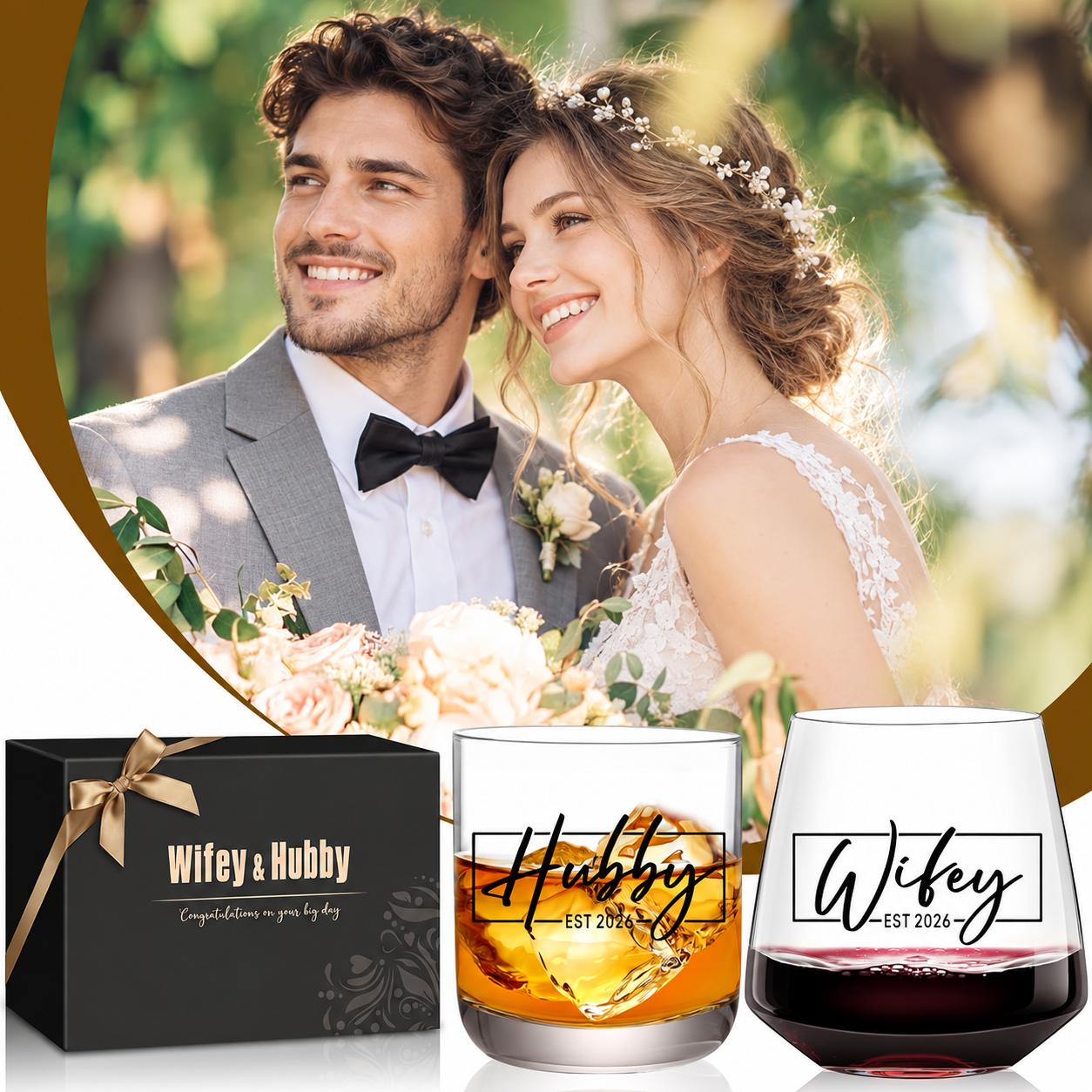 Wedding Wine and Whiskey Glass Gift Set for Couples