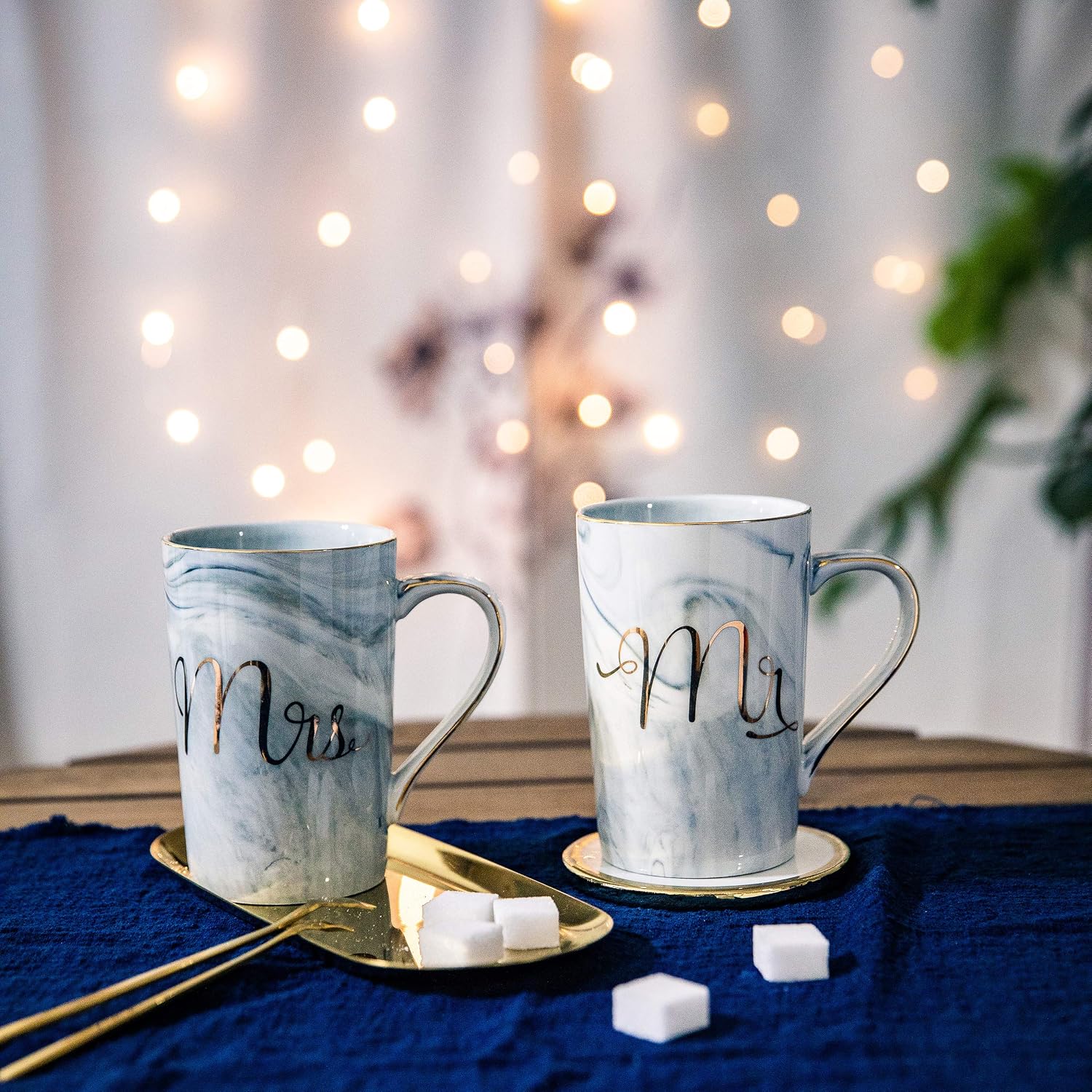 Mr and Mrs Ceramic Marble Coffee Mug Gift Set for Couples
