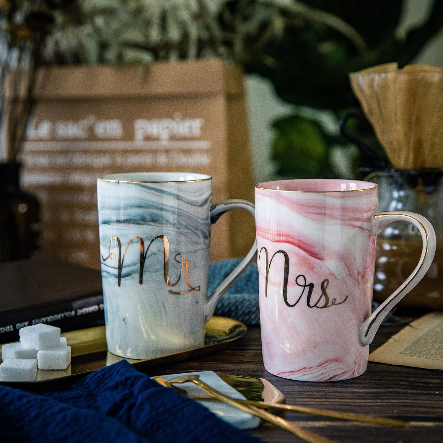 Mr and Mrs Ceramic Marble Coffee Mug Gift Set for Couples
