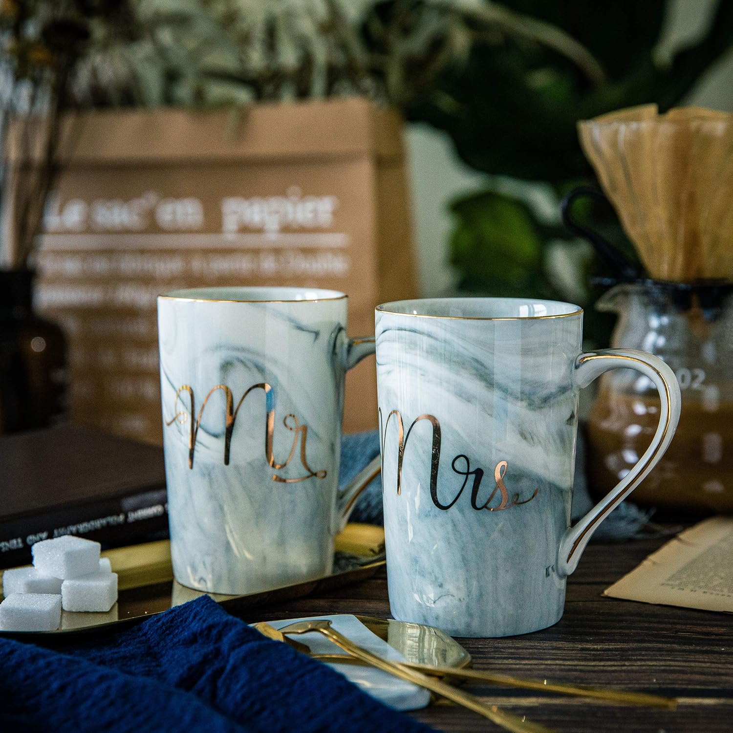 Mr and Mrs Ceramic Marble Coffee Mug Gift Set for Couples