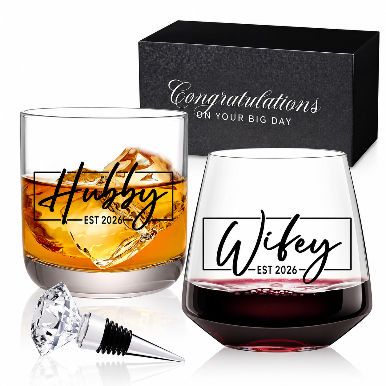 Wedding Wine and Whiskey Glass Gift Set for Couples