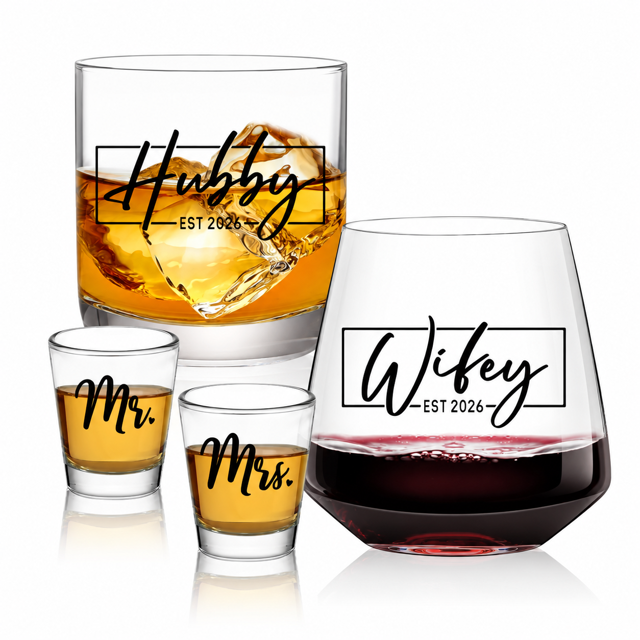 Wedding Wine and Whiskey Glass Gift Set for Couples