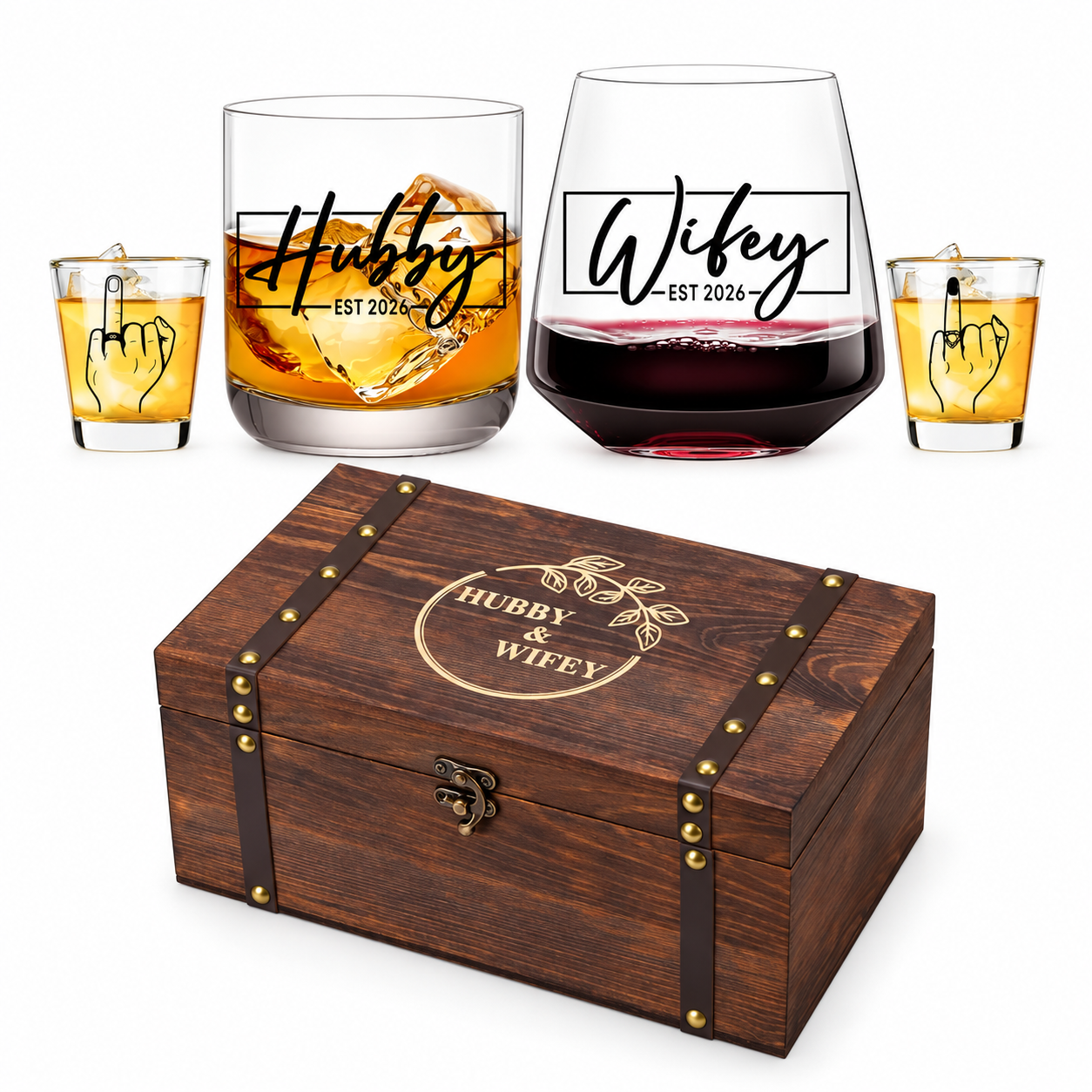 Wedding Wine and Whiskey Glass Gift Set for Couples