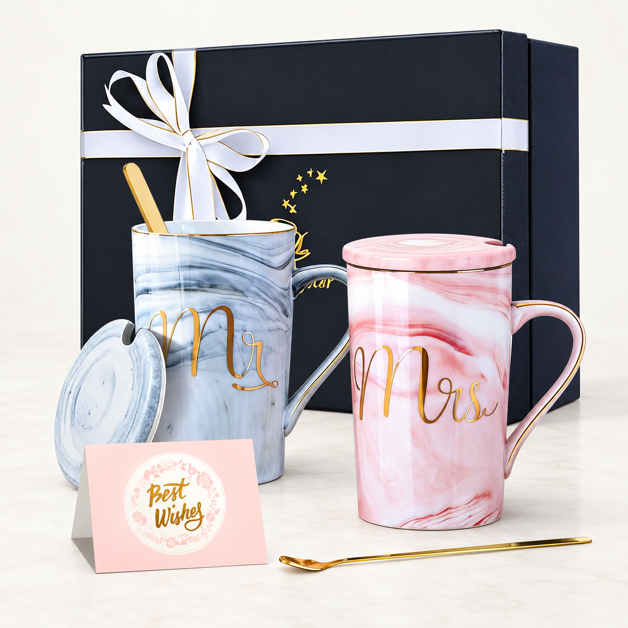 Mr and Mrs Ceramic Marble Coffee Mug Gift Set for Couples