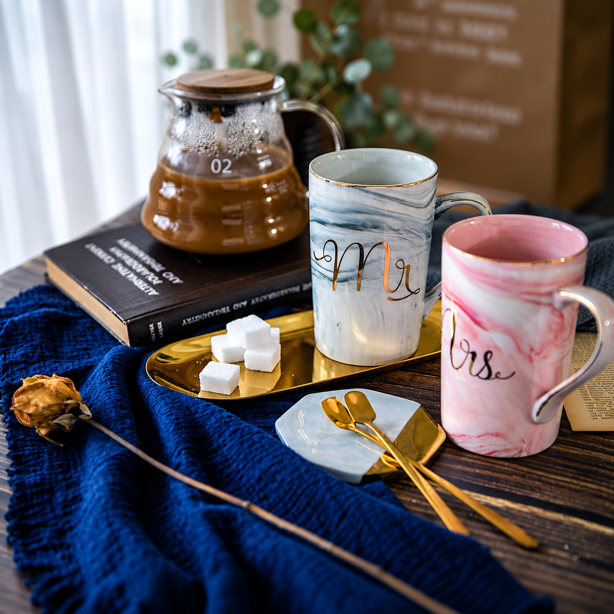 Mr and Mrs Ceramic Marble Coffee Mug Gift Set for Couples