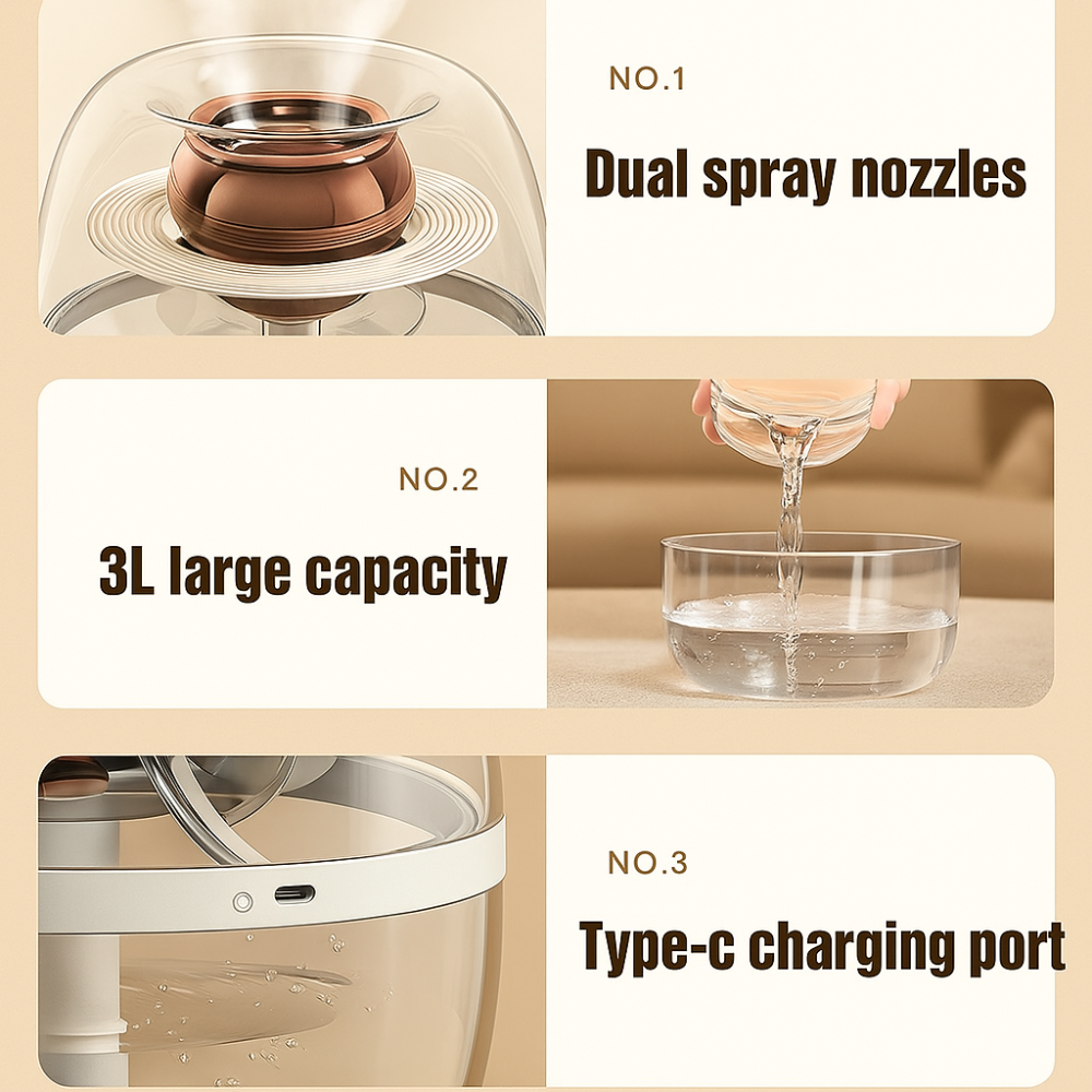 3L Humidifier Dual Nozzle USB Cool Mist Household Air Humidifier-Humiii