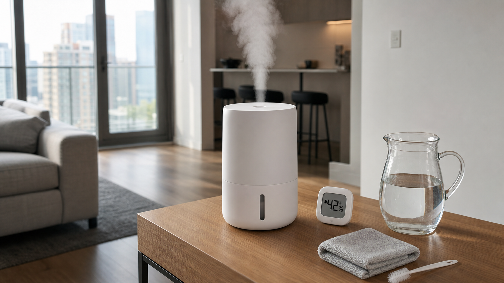 Portable cool-mist humidifier on a stable table beside a hygrometer reading 42 percent, water pitcher, cloth and cleaning brush