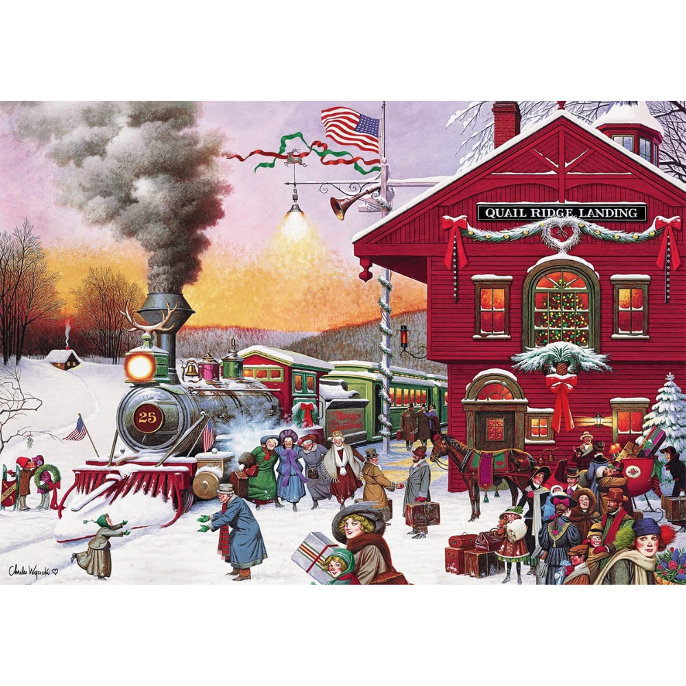Whistle Stop Christmas 500 Piece Holiday Train Station Jigsaw Puzzle