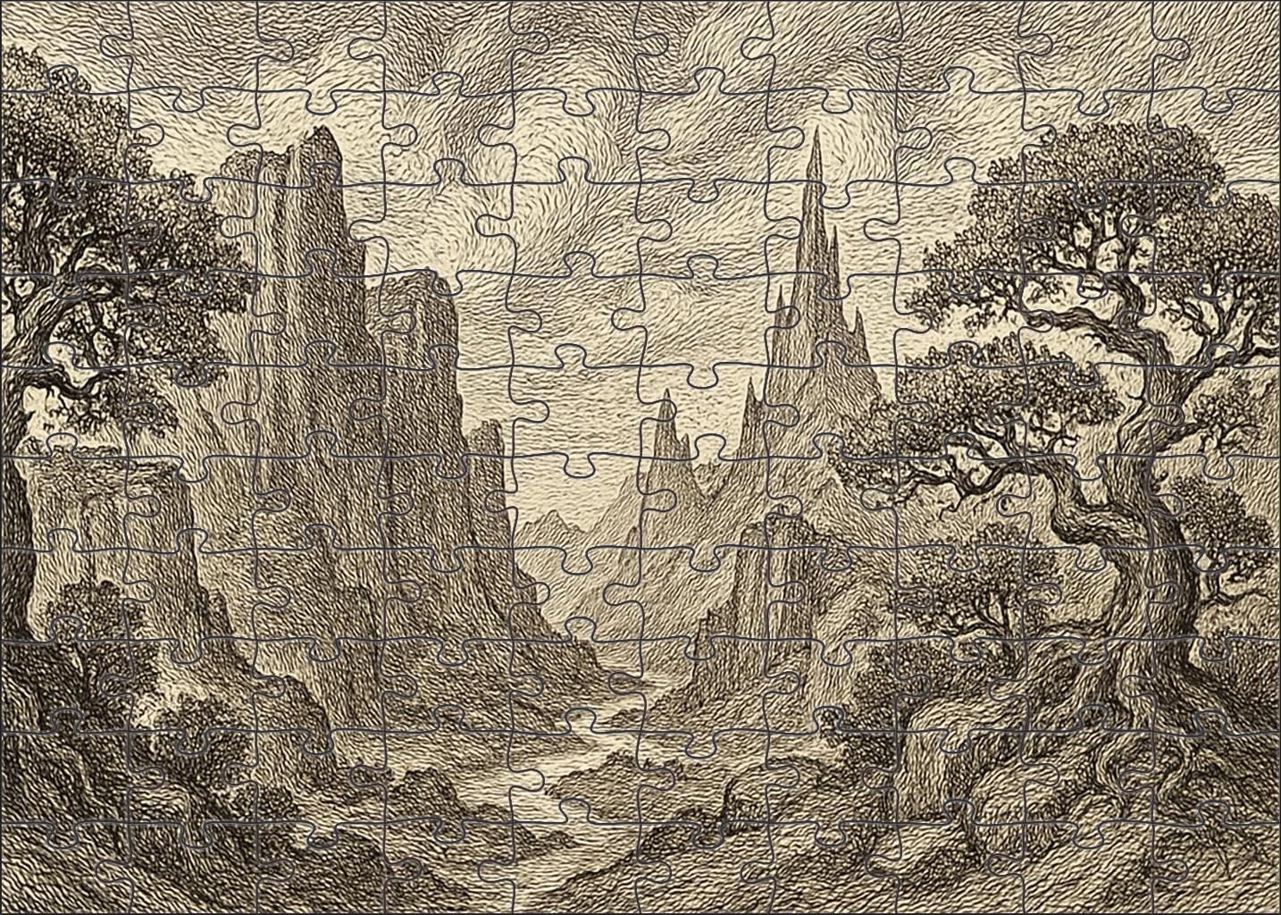Mythical Landscape Panorama Pen And Ink With Detailed Textural Patterns Large Format Puzzle