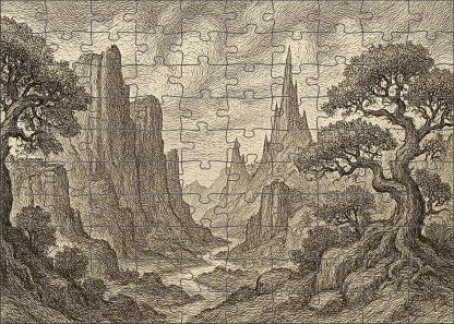 Mythical Landscape Panorama Pen And Ink With Detailed Textural Patterns Large Format Puzzle