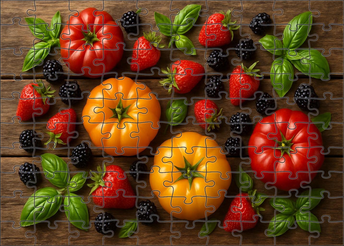Garden Harmony Mixed Heirloom Tomatoes And Fresh Berries On Wooden Boards 20 Piece Puzzle