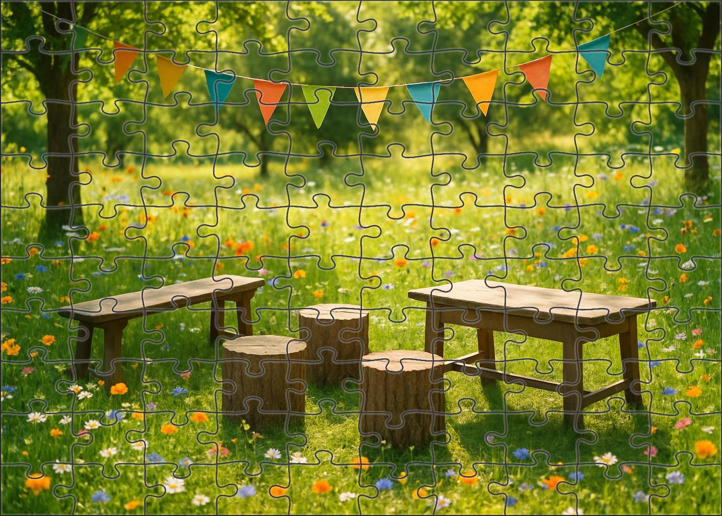 Vibrant Spring Meadow Gathering Wildflowers And Colorful Bunting 100 Piece Puzzle