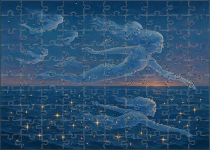 Celestial Swimmer Stars Diving Into Liquid Twilight Puzzle For Adults