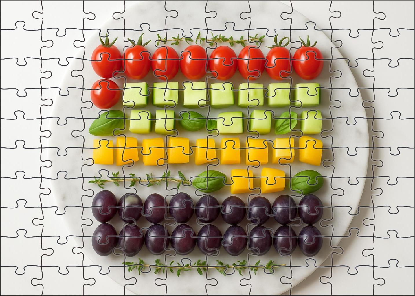 Garden Fresh Mosaic Colorful Veggies And Fruits In Geometric Patterns Puzzle Challenge