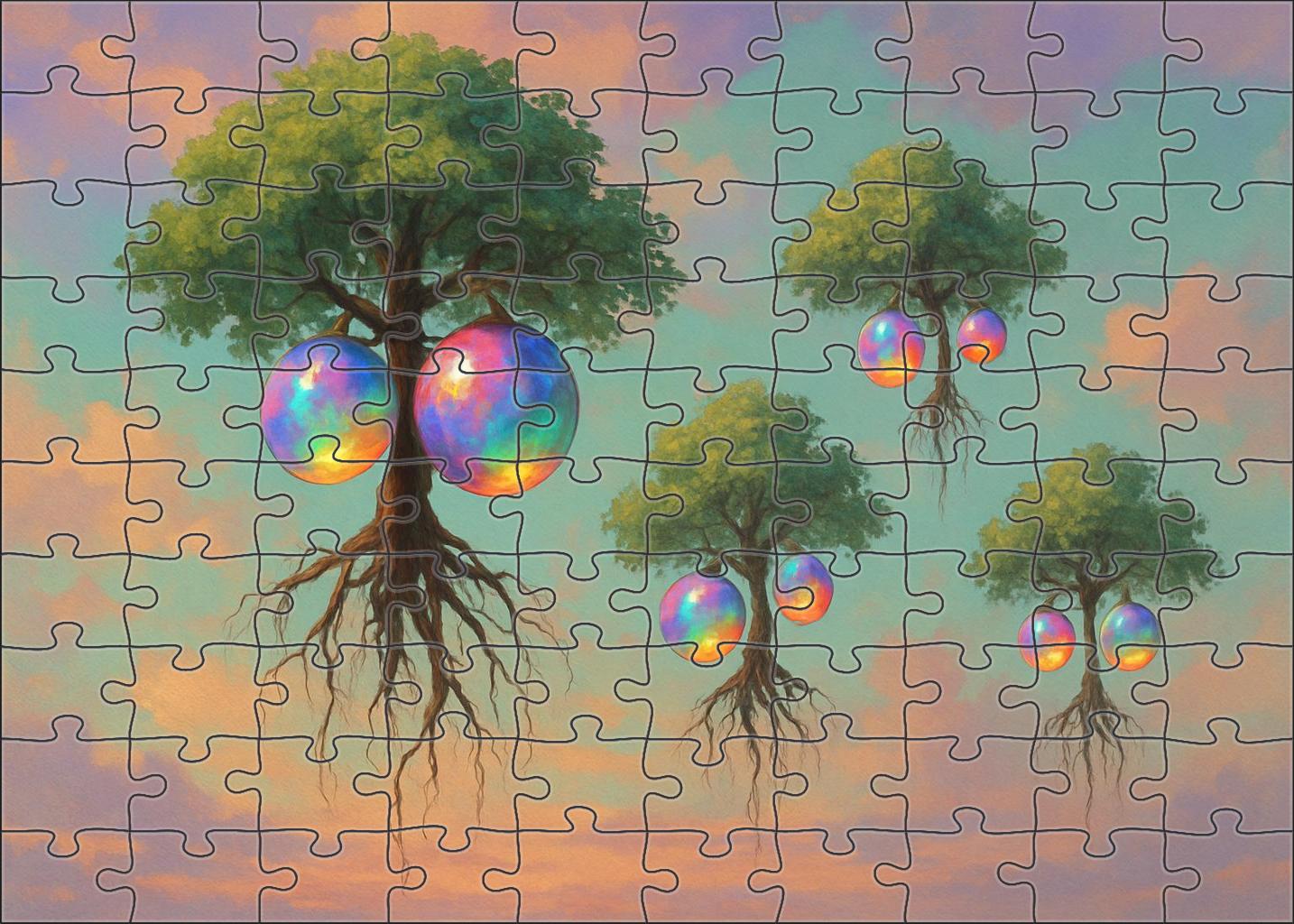 The Floating Orchard Gravity-defying Trees Bearing Shimmering Fruits Unique Puzzle Design