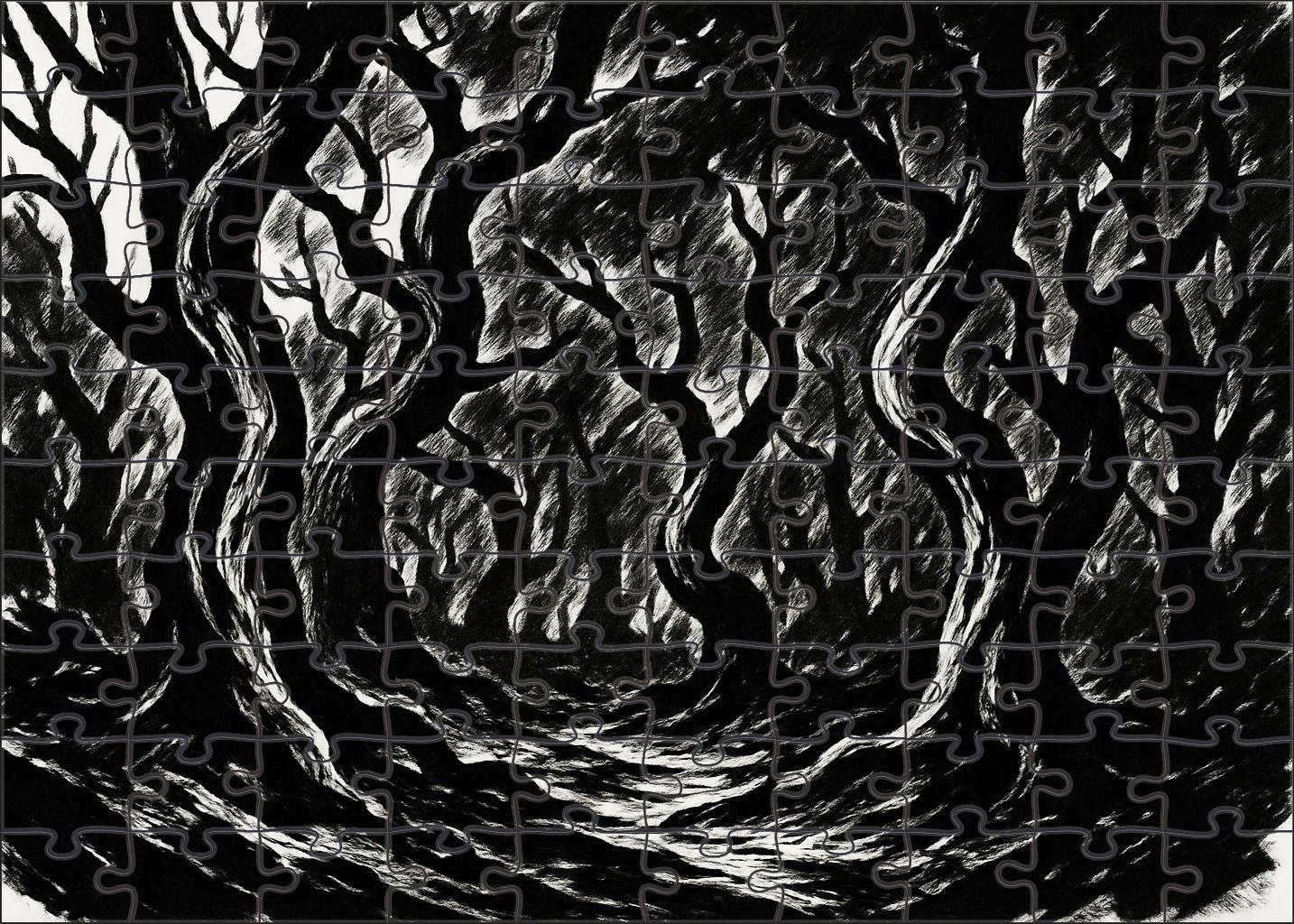 Mythical Forest Scene Dynamic Brush Pen Lines With Stylized Tree Forms Puzzle For Kids