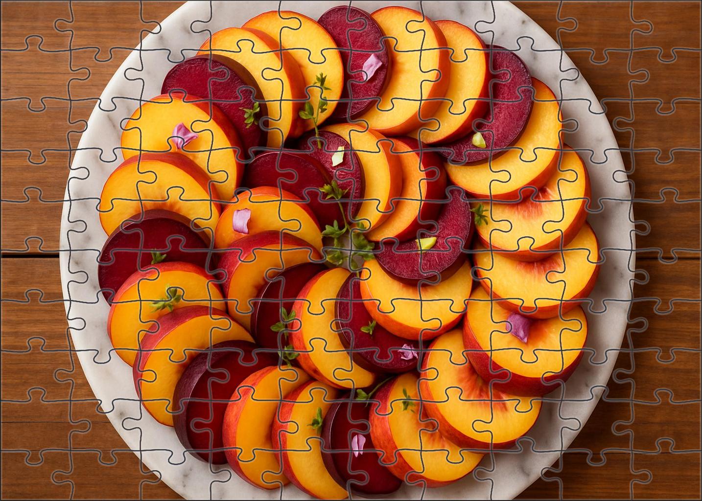 Stone Fruit Symphony Sliced Peaches Plums And Nectarines On Marble 20 Piece Puzzle