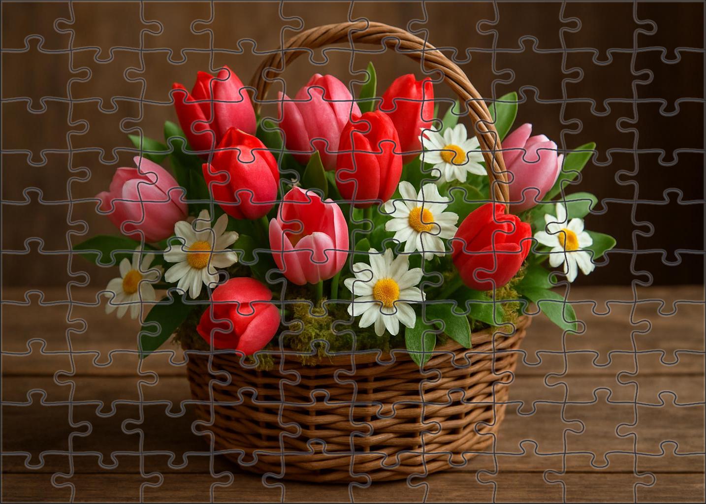 Springtime Harvest Basket Vibrant Mix Of Tulip-like And Daisy-style Blooms 50 Piece Puzzle