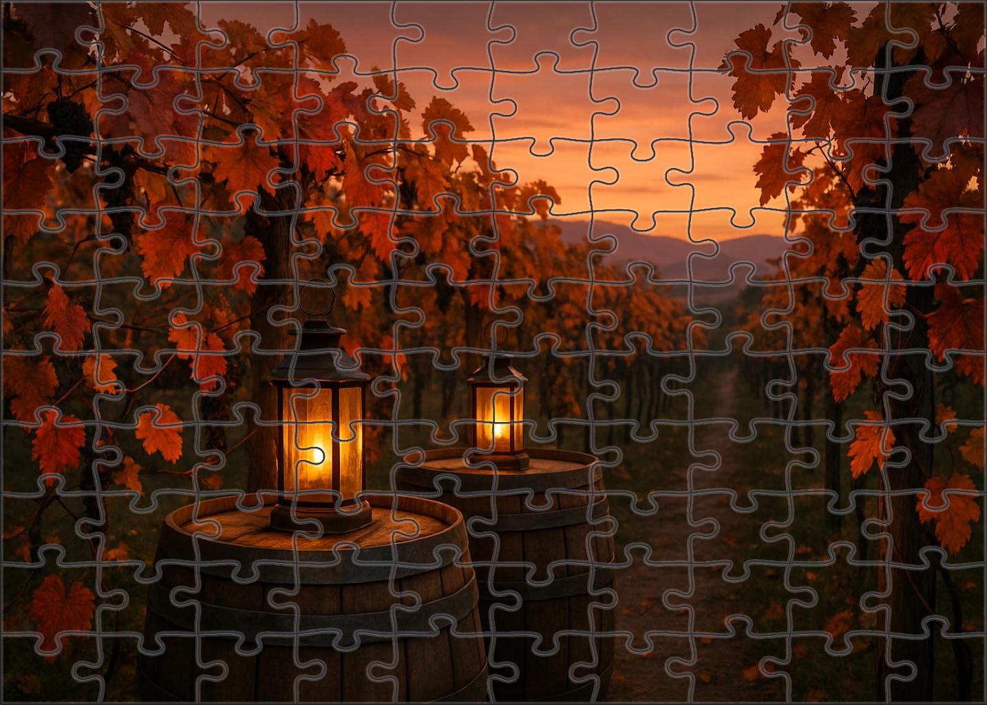 Crimson Vineyard Evening Wine Barrels And Flickering Lanterns Puzzle Fun